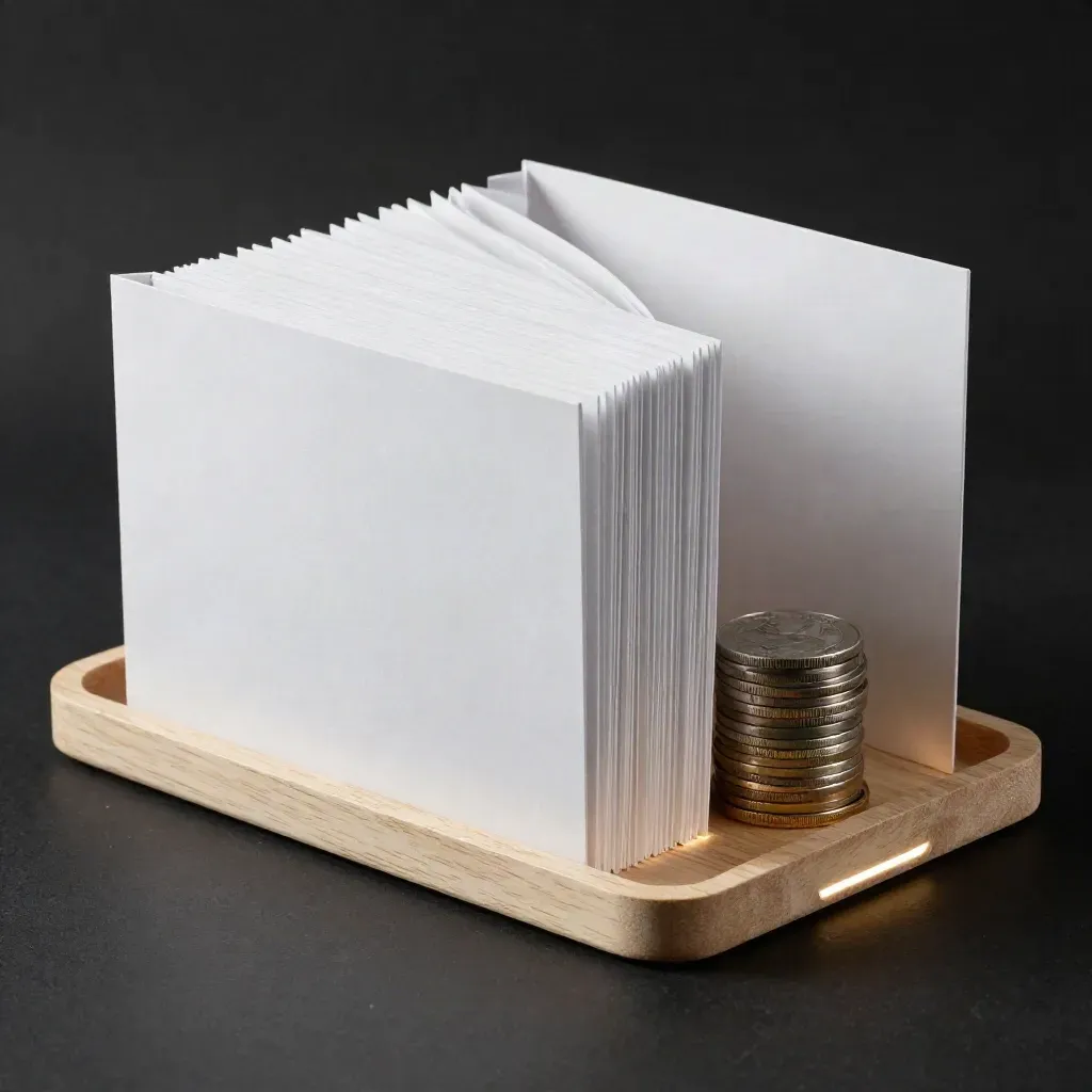 White equity folder, metal coin stack, and oak tray on a dark studio surface