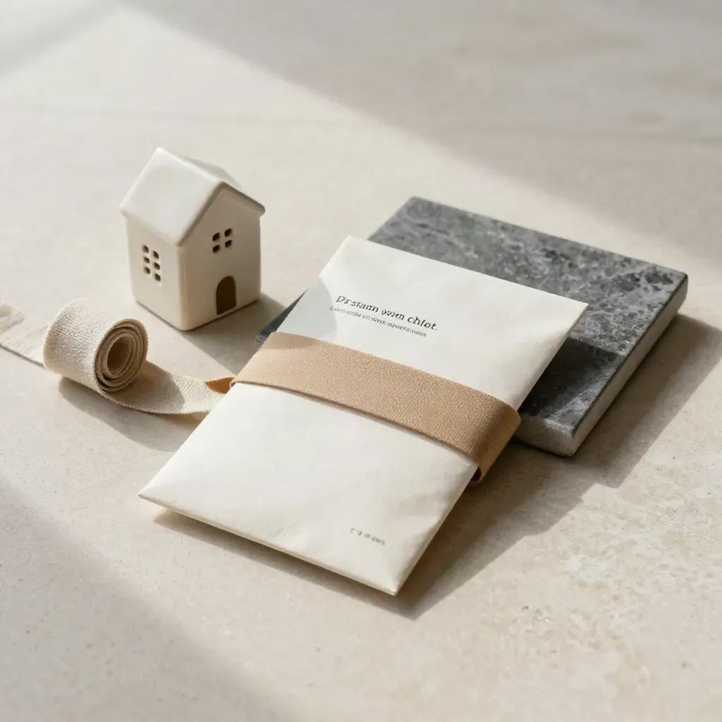 Flatlay of a cream seller-ready checklist packet with ceramic house form and linen strip