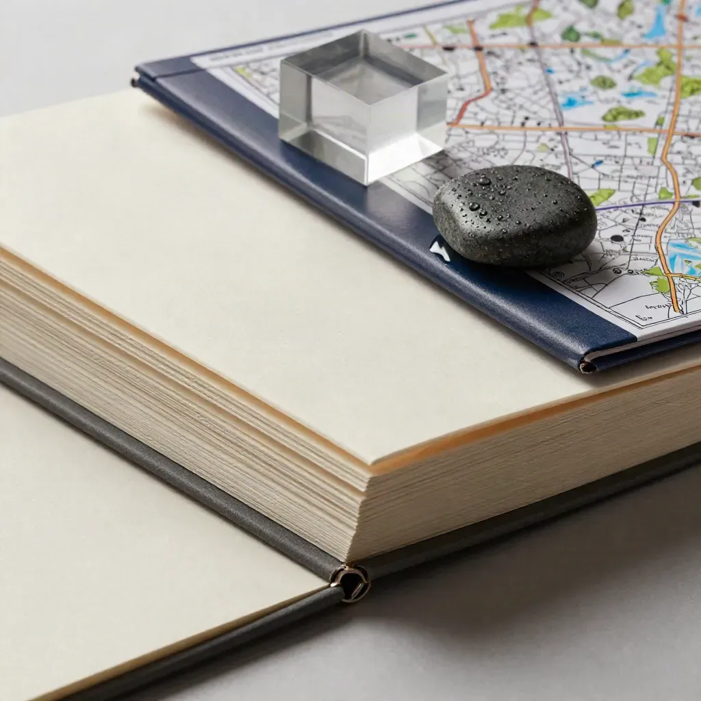 Ivory report folio on wet basalt with map board, stone weight and frosted acrylic block.