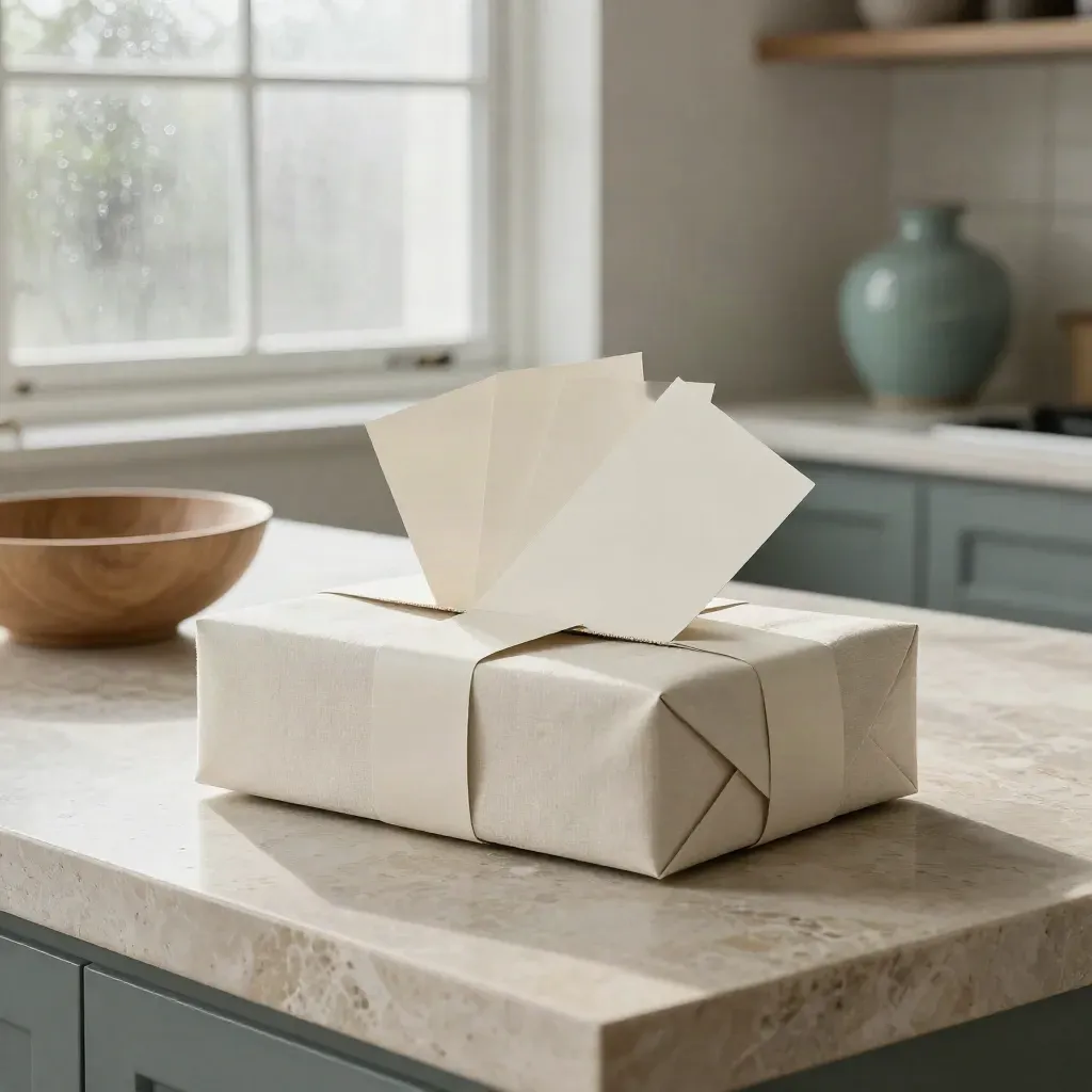 Spring seller bundle box with report folios and note packet on a stone kitchen island in soft daylight