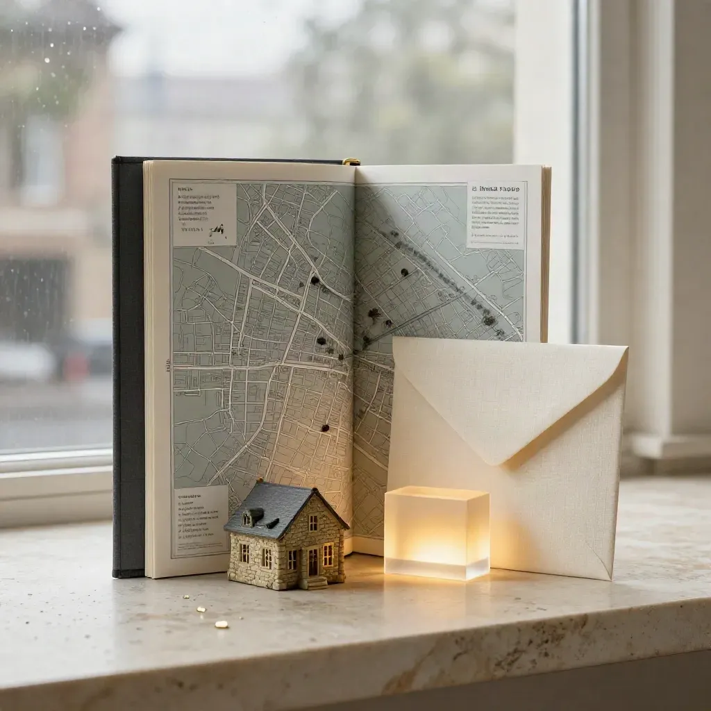 Ivory valuation folio with comp map board, house model, price block and linen envelope on rain-damp stone.