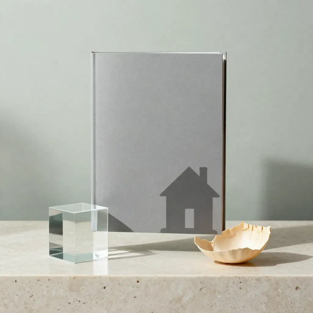 Floating gray booklet, glass cube and folded paper shell on travertine with a house shadow.