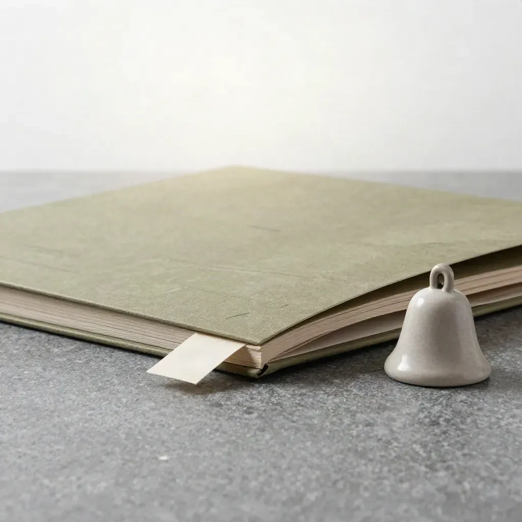 Macro folio with stone bookmark, tiny ceramic bell, and folded map on a cool hazy floor.