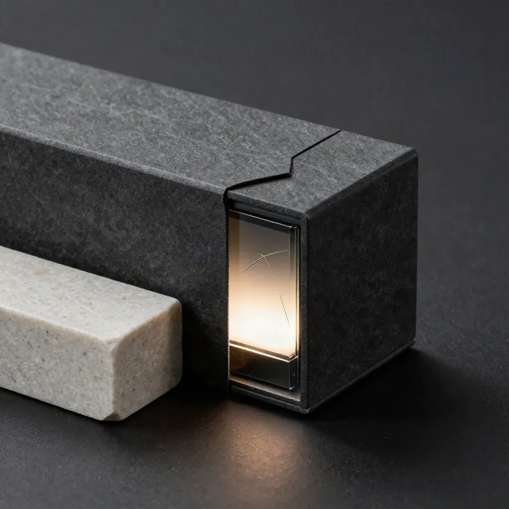 Luxury home tracker box set with smoked glass insert glowing on matte black stone.