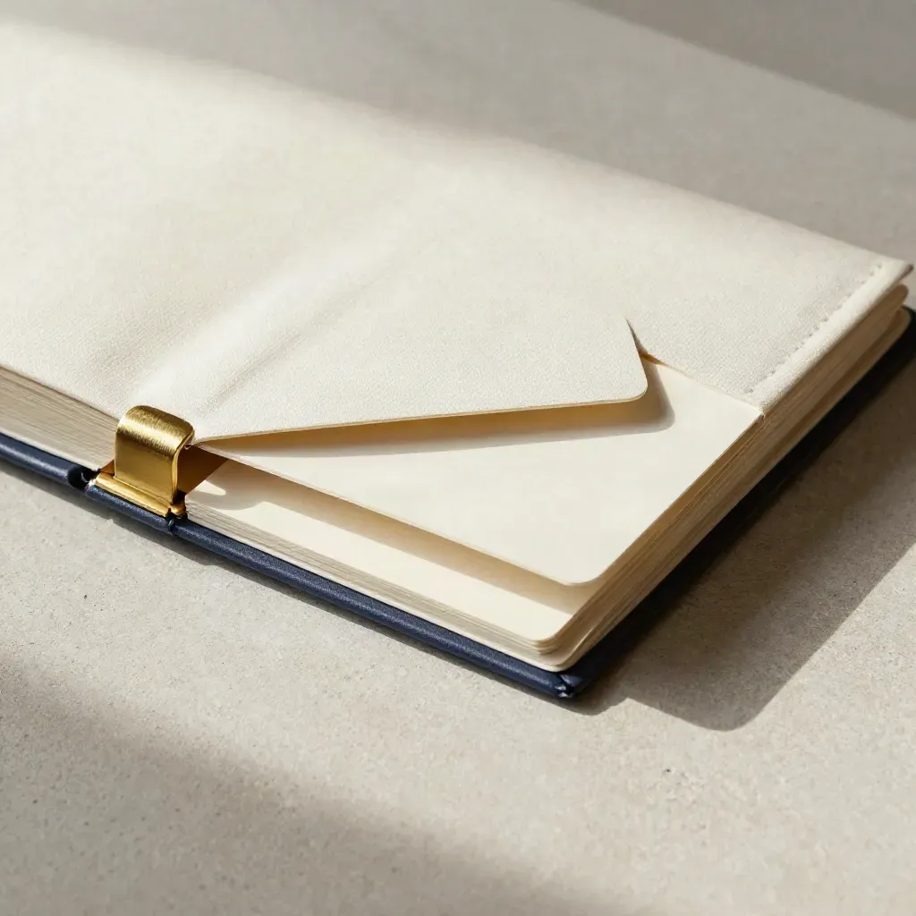 Off-white sleeve with sliding cards, brass edge and linen pad on pale concrete.