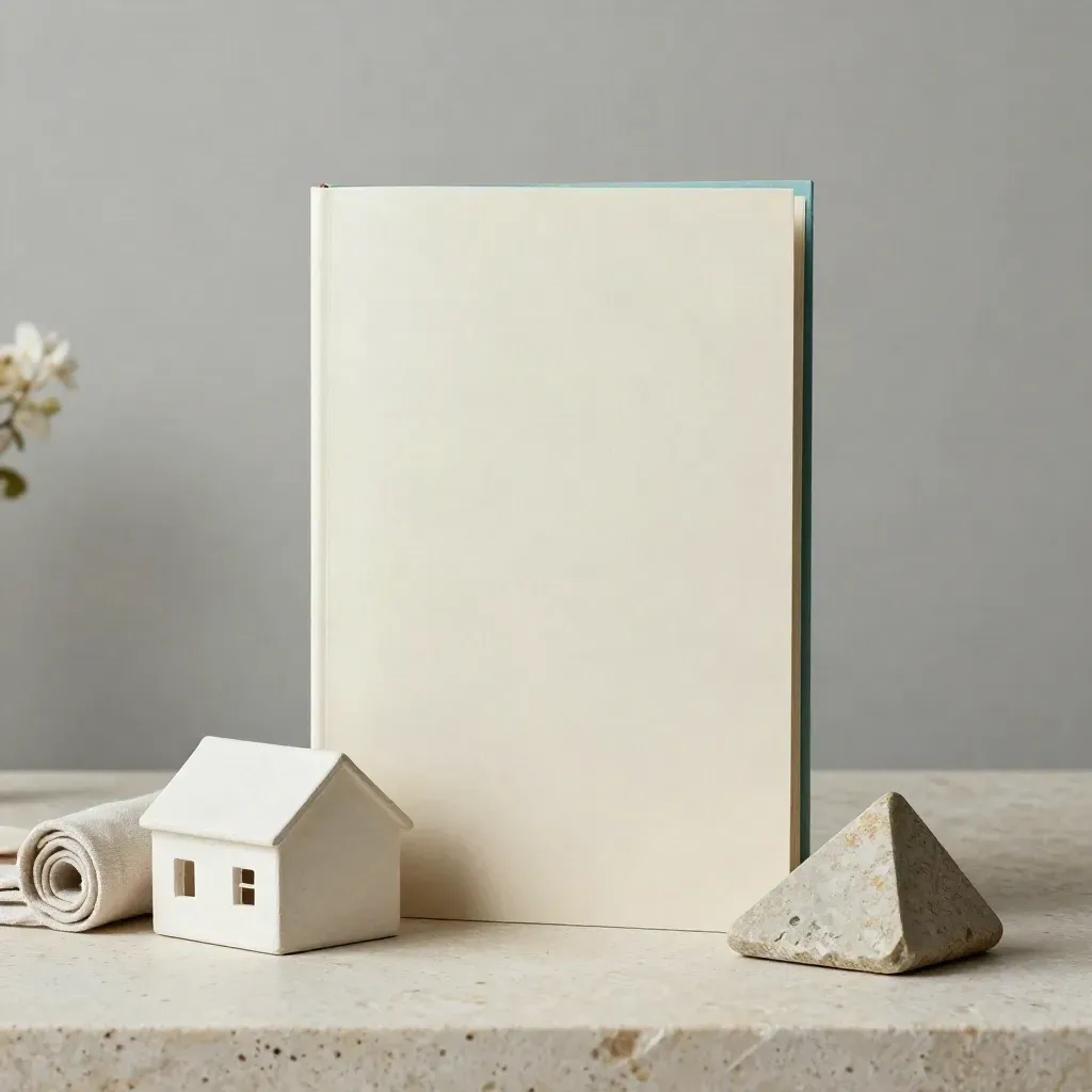 Soft cream report folio beside a roofline model, linen roll, and stone wedge on travertine.
