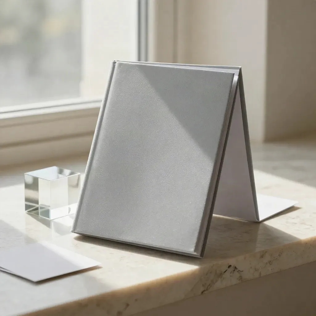 Pearl-gray condo booklet, mirrored acrylic block and folded card on pale limestone.