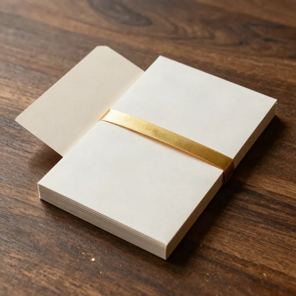 Overhead flatlay of blank cards, cream sleeve, and gold ribbon on dark walnut.