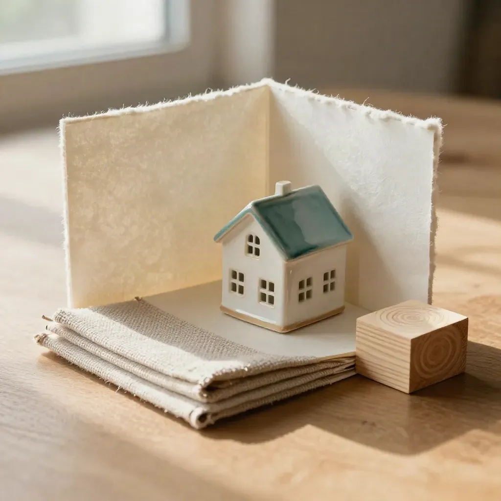 Cream foldout, ceramic house, linen swatch, and birch block on warm wood in soft window light