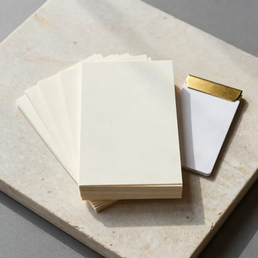 Blank open-house card stack, keycard sleeve and gold tab on pale stone in soft daylight.