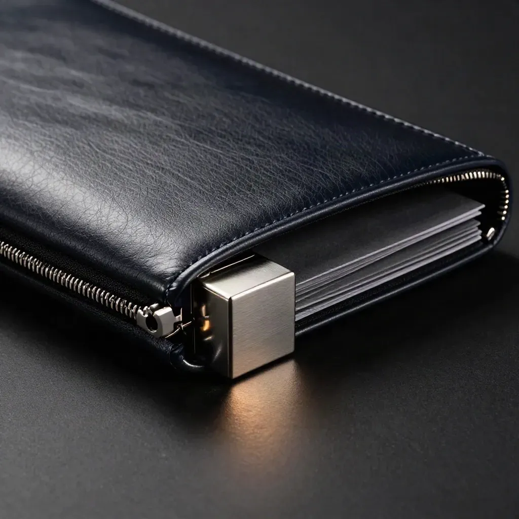 Dark luxury report folder with metal cube and graphite insert on a matte-black studio surface.