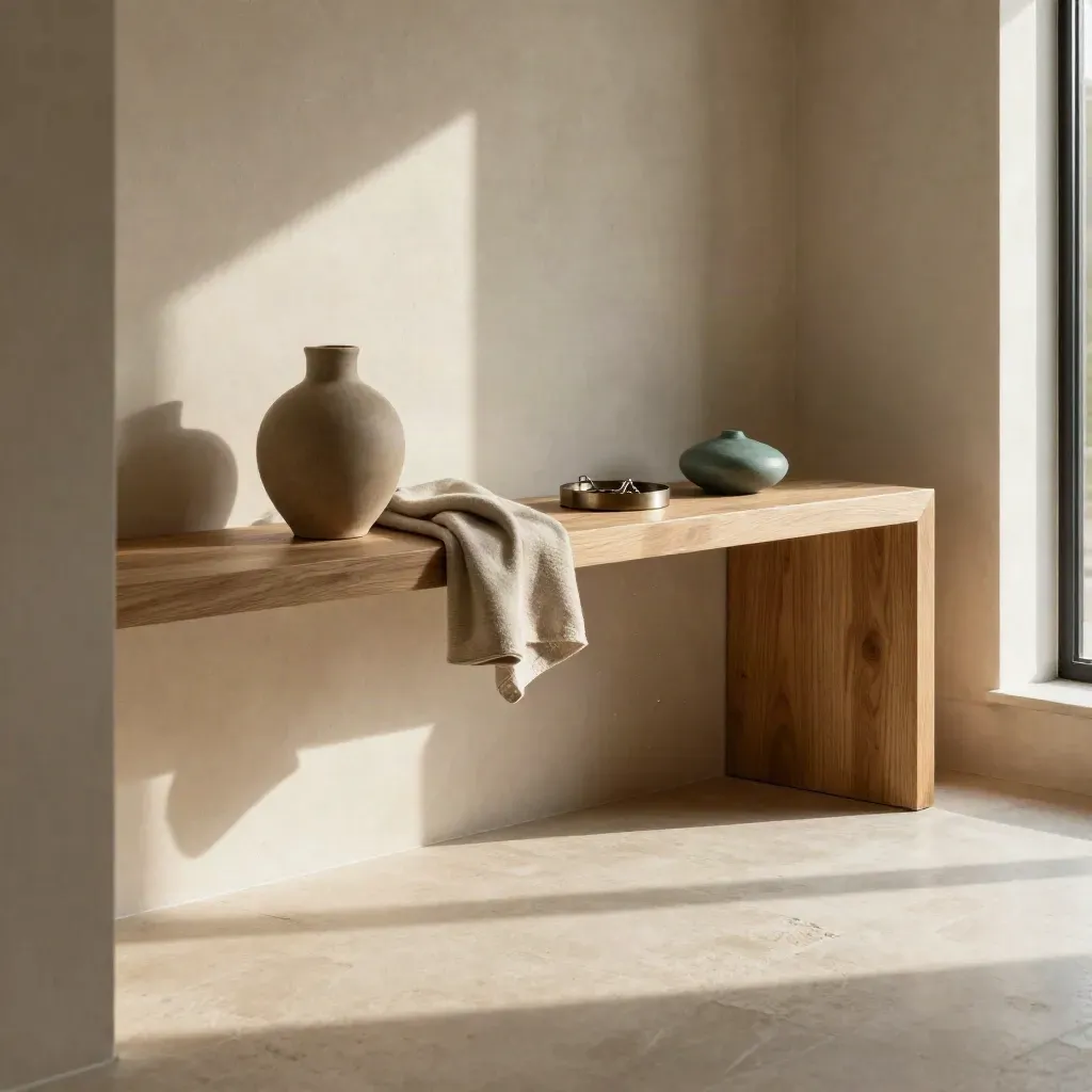 Sunlit oak entry shelf with ceramic vessel, folded throw, and calm open floor space