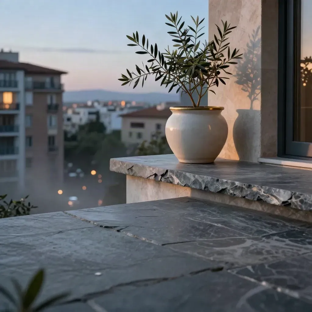 Blue-hour city balcony with slate parapet, planter, blurred towers, and calm copy space