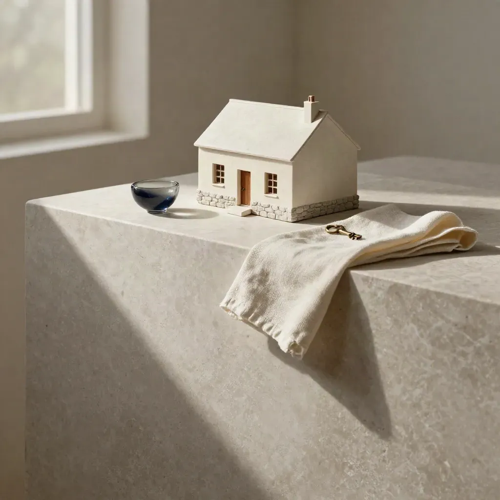 Limestone ledge with a plaster house model, ivory linen, and a smoked bowl over calm copy space.