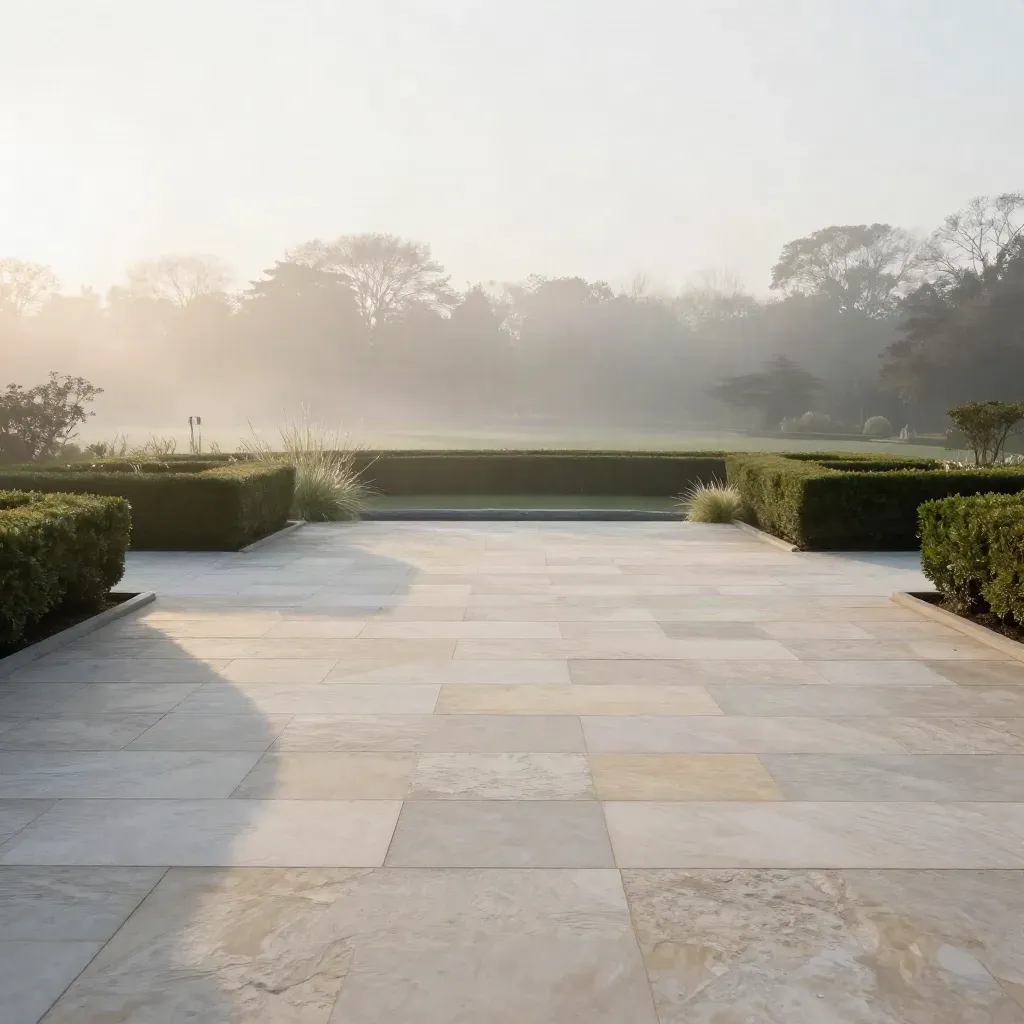 Foggy garden terrace with hedges, pale stone paving, and dawn light